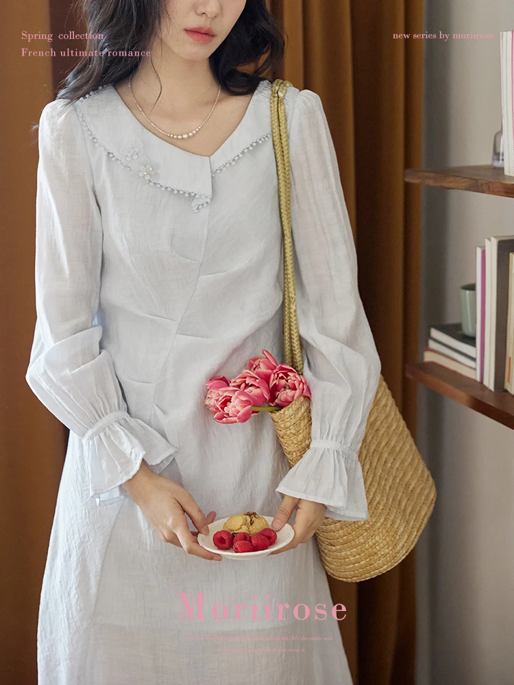 

Женское осеннее винтажное платье Moriirose с синим воротником-рюшем, плиссированное, миди, с завышенной талией, стройнящее, элегантное, длинное