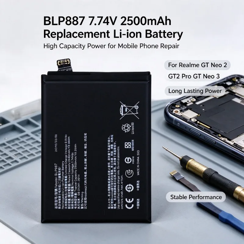 BLP887 7.74V 2500mAh High Capacity Replacement Li-ion Battery for OPPO Realme GT Neo 2 GT2 Pro GT Neo 3 Mobile Phone Battery