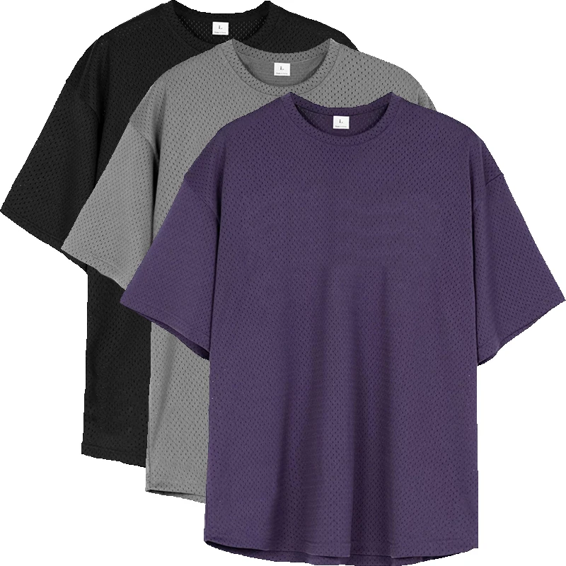 Plain Summer Mesh Loose Mens Casual Clothing Gym Fitness Bodybuilding Oversized T-Shirt Breathable Quick Dry Short Sleeve Shirts