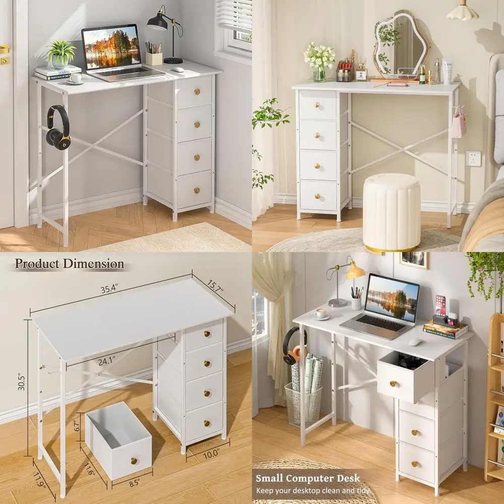 

Компактный туалетный столик для макияжа с 4 ящиками, белый стол для небольших помещений, стол для макияжа 35,4 для спальни девочек