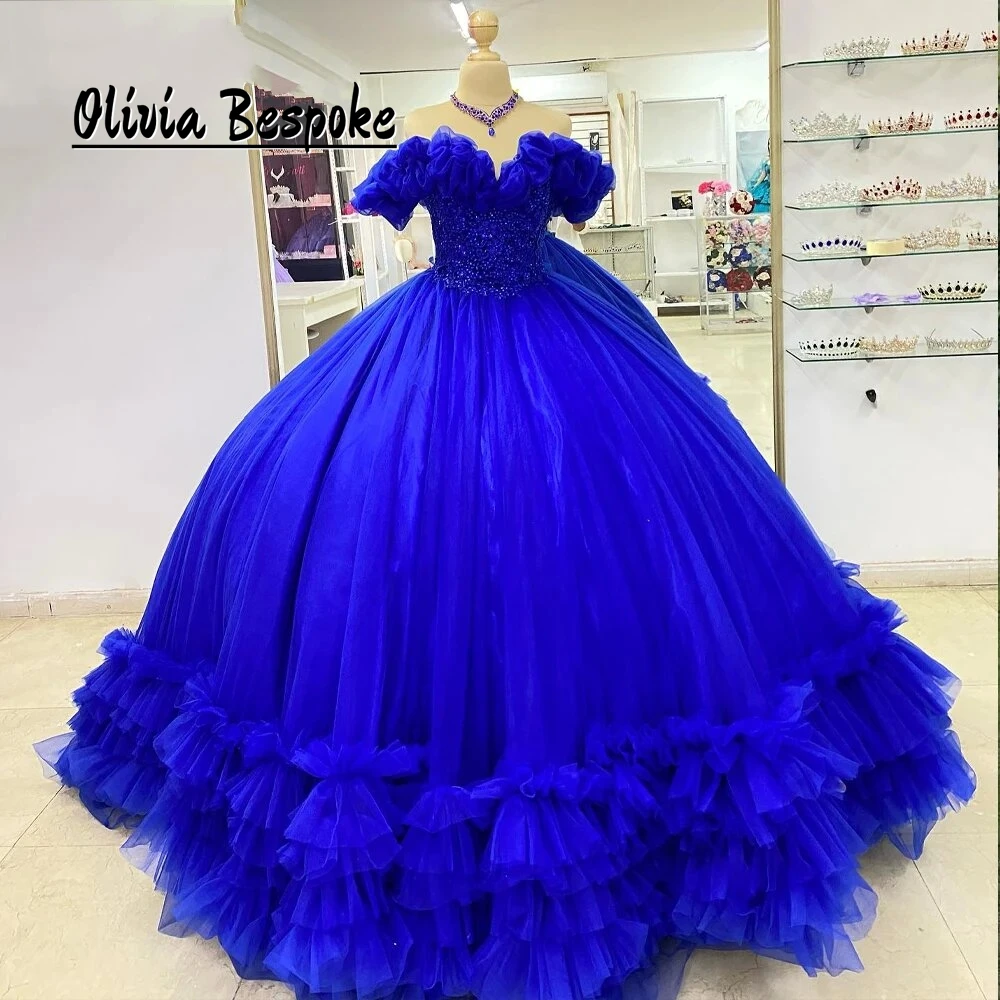 Chic King Blue Quinceanera ชุดลูกปัด Applique Ruched รถไฟ Ball Gown กับโบว์เม็กซิกันงานแต่งงาน vestidos de xv ปีที่กําหนดเอง