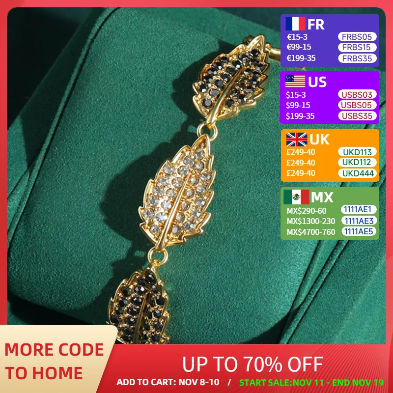 

Vintage Gold Plated Bracelets Leaf Black Rhinestone Woman Charms Luxury Chain Girlfriend Gift Party Wedding Accessories 2025