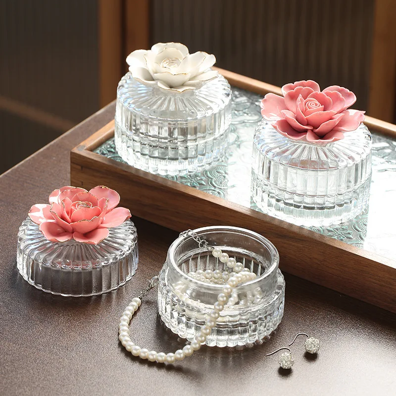 Nordic Ceramic Flower Glass Storage Box Exquisite Glass Storage Jar Home Storage Jar Creative Home Decoration Ornaments Gift