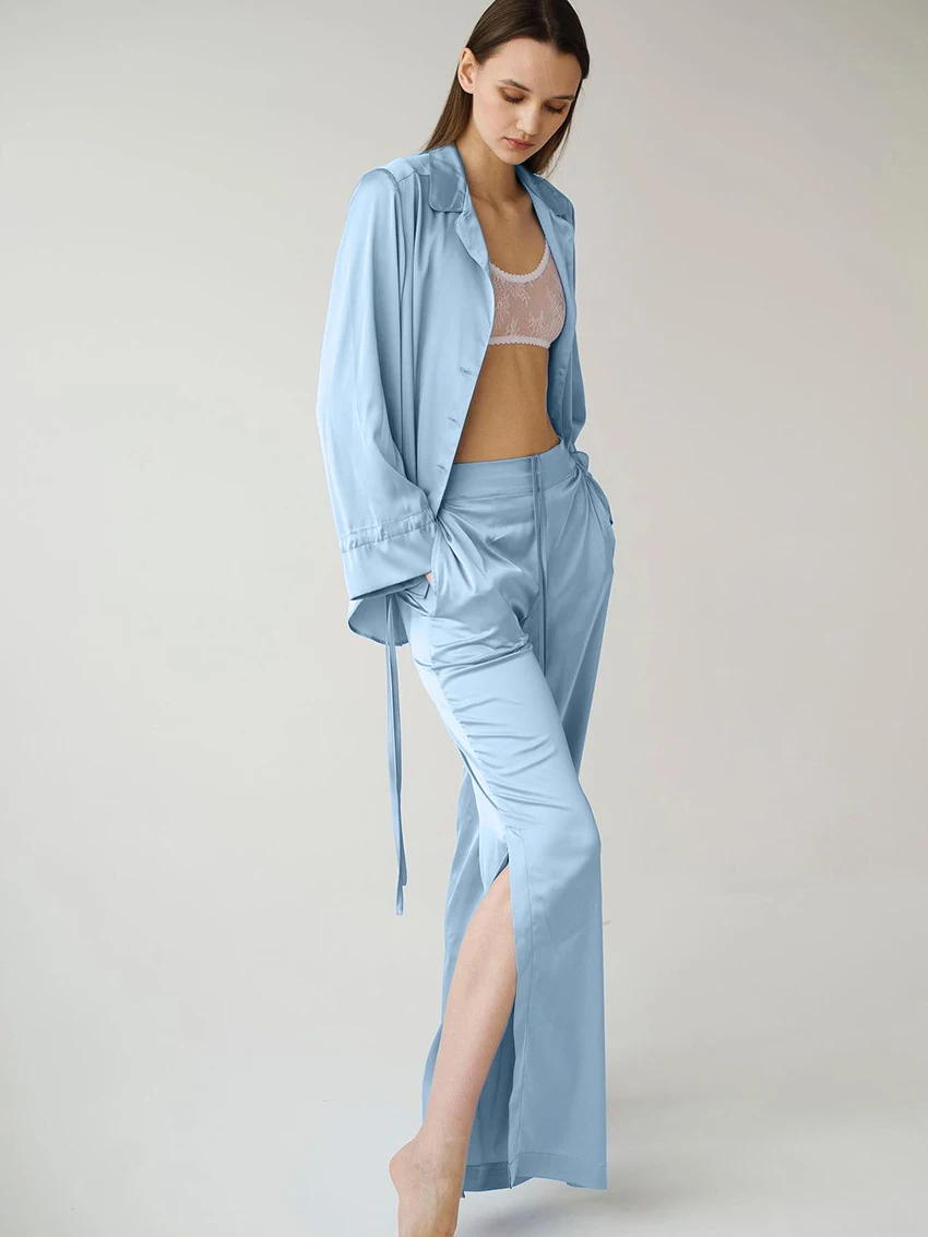 Marthaqiqi Loose Ladies Sleepwear Set Long Sleeve Pajamas Turn-Down Collar Nightgowns Pants Casual Female Nightwear 2 Piece Suit