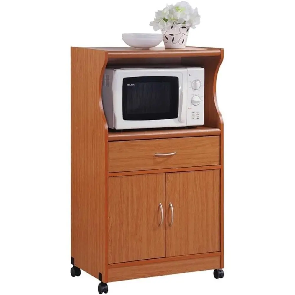 Cherry Finish Microwave Cart with Drawer, Door, and Storage