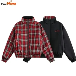 Vintage Double-sided Jacket Parka Men Women Cropped Plaid winter Thicken Stand Collar Loose Coat Street Outwear Lightweight New