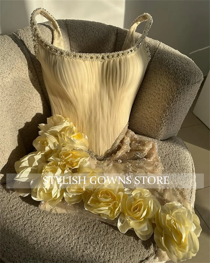 Robes De Bal courtes jaunes élégantes personnalisées, scintillantes, fleurs 3D, avec des Appliques De diamants, robes De fête d'anniversaire