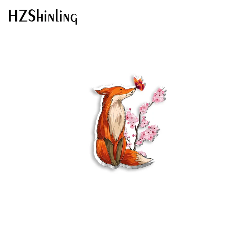 2024 New Flower Red Fox Acrylic Lapel Pin Animal Epoxy Butterfly Clasp Pin Handmade Butterfly Brooch