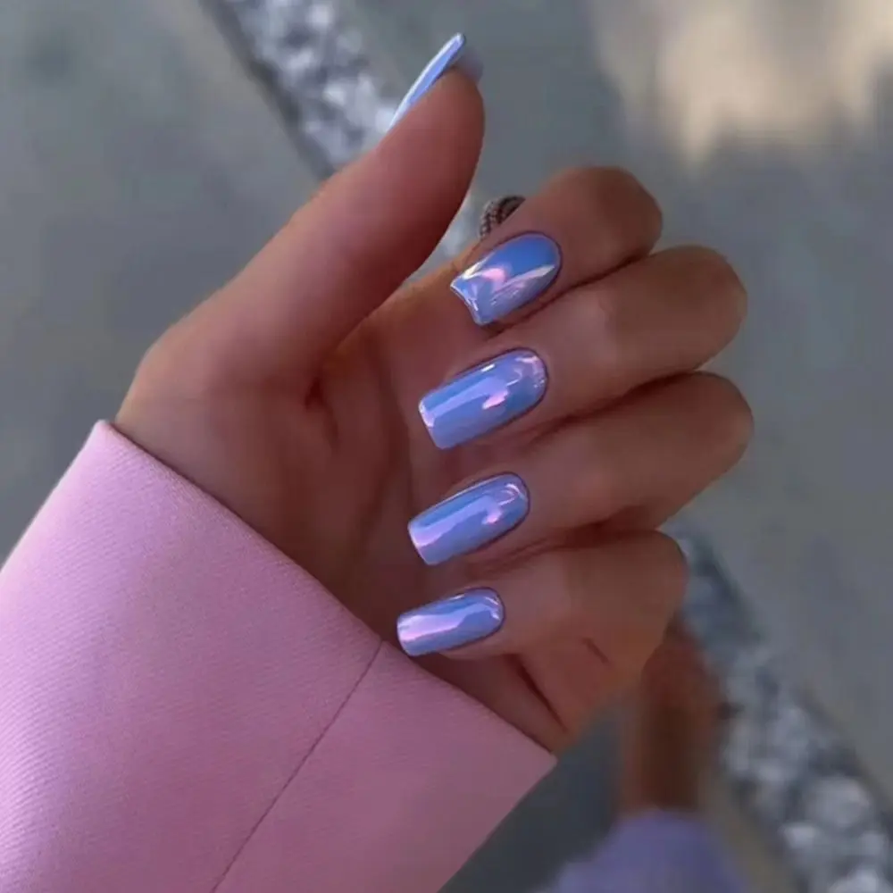 

New Long Square False Nails French Leopard Fake Nials Aurora Full Cover Press on Nails Women Girls