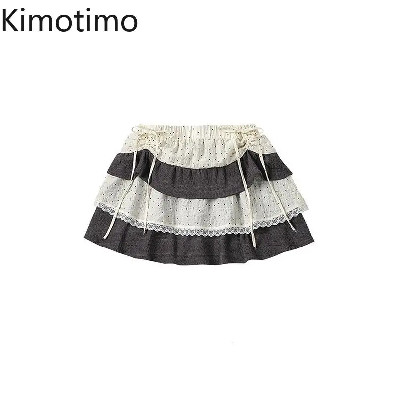 Kimotimo Polka Dot Patchwork Mini Skirt Women Japanese Sweet Drawstring Waist A-line Cake Skirts Vintage Y2k Aesthetic Faldas