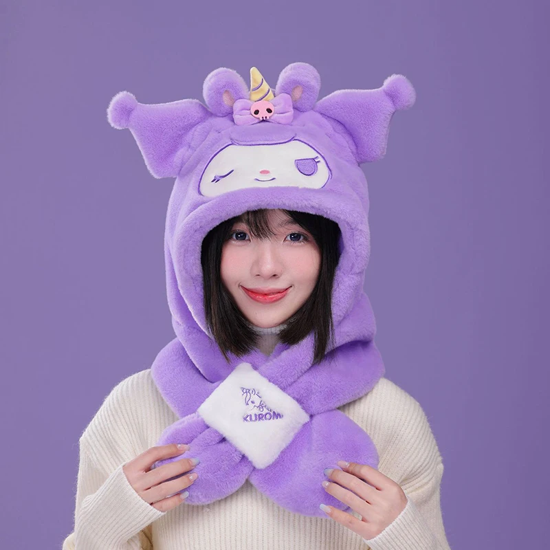 

Miniso Kuromi Winter Teenage Boy Girl Cartoon Plush Hat Scarf 2-Piece Set Women 2-In-1 Cap Neckcover YoungPupil Mother-Girl Gift