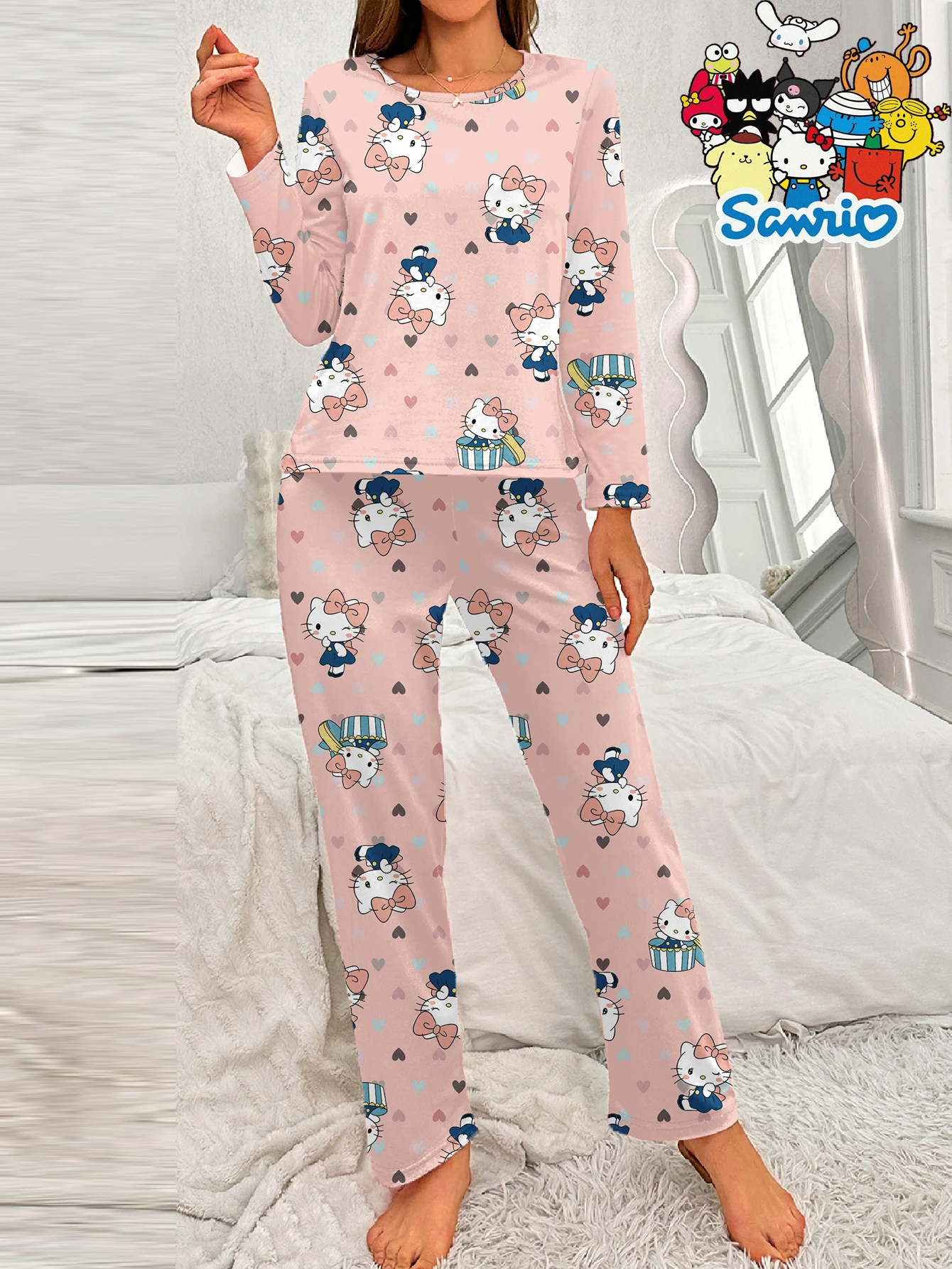 مجموعة ملابس منزلية من Sanrio HelloKitty بأكمام طويلة ورقبة دائرية كارتونية لطيفة كاجوال