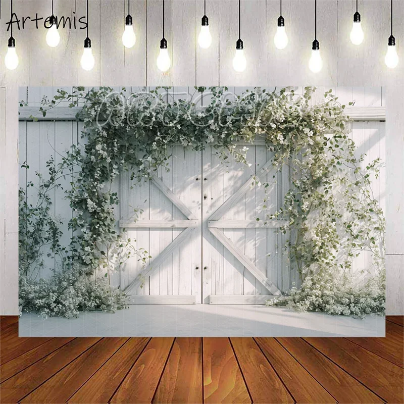 Spring Photography Backdrop Wooden Door Greenery Silver White Wedding Decoration Baby Birthday Portrait Background Photo Studio