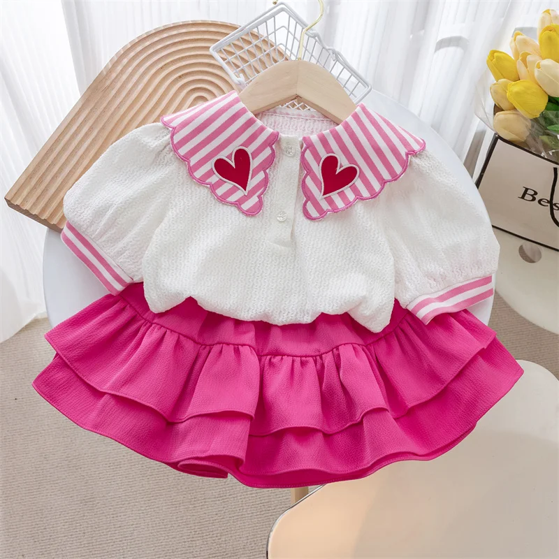 Girls\' Sweet Skirts Set Summer Stripe Turn Down Collar Short Sleeve T-shirt Top + Fashion Cake Skirt Pants Two Piece Suit