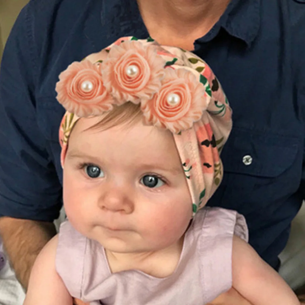 Baby Hat Sweet Floral Print with Lace Flower Decor Infant Toddler Soft Skin-Friendly Turban Head Wraps Cute Hair Accessories