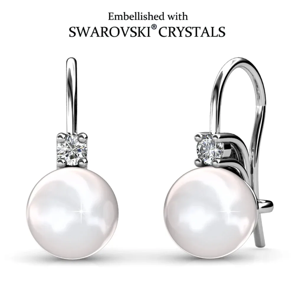 עגילי חישוק מפנינה בקריסטלים של סווארוסקי בציפוי זהב לבן 18 קראט לנשים, תכשיטי יוקרה איכותיים ואלגנטיים