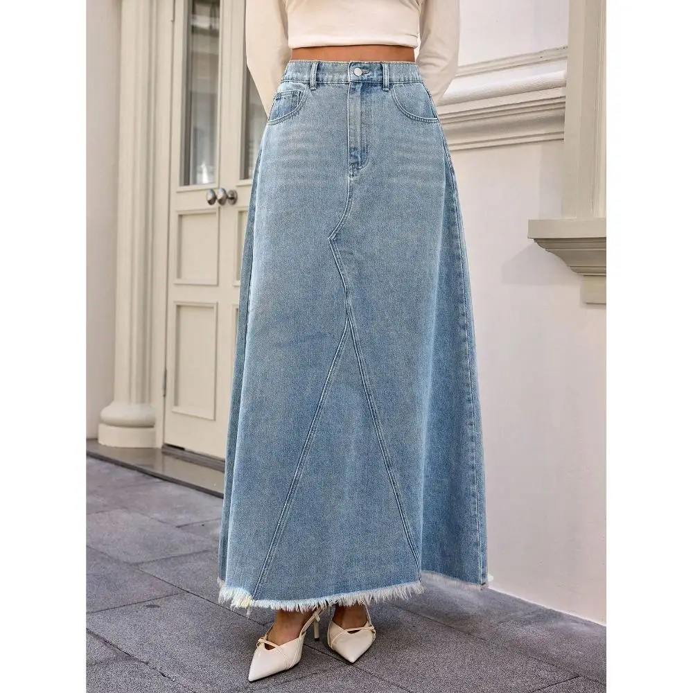 Classic Washed Blue Long Denim Skirt Summer Stretchy Waisted Jean Skirt for Women Casual A-Line Long Skirts Daily Wear