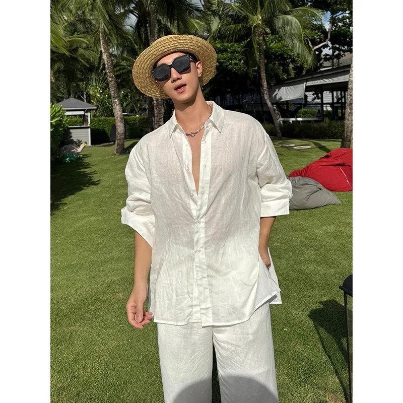 

White Linen Silk Men's Shirt Autumn Minimalist High-End Sun Protection Outerwear Casual Sportswear Set Youth Summer Long Sleeve