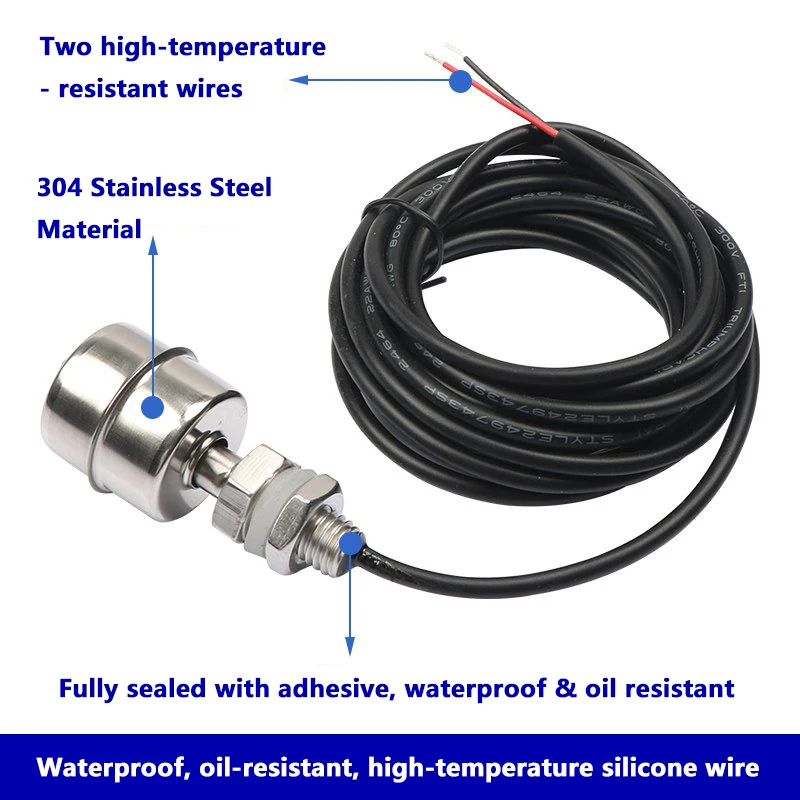 Float Switch, Waterproof Silicone Wire, High Temp Resistant Stainless Steel, Automatic Water Level Controller for Water Tower