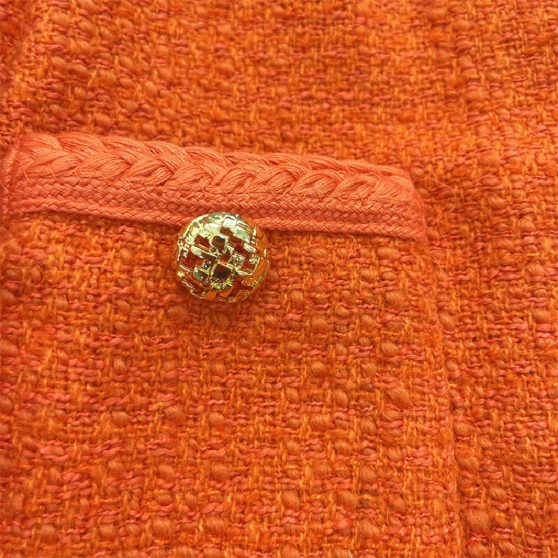 Chaqueta corta de Tweed naranja para mujer, abrigo informal de manga larga con cuello redondo, otoño e invierno, novedad de 2023