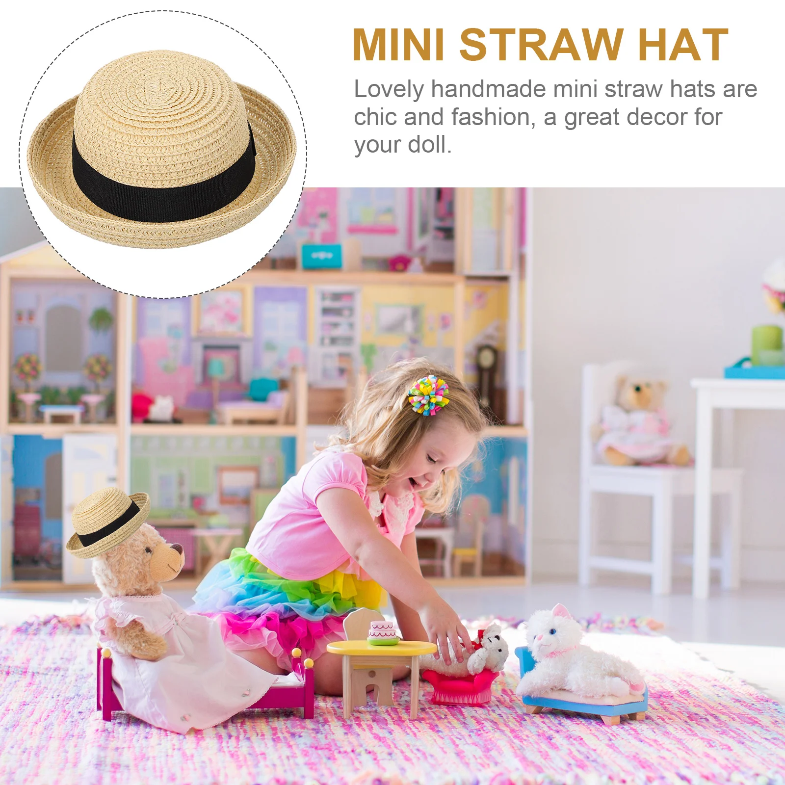 Natural Mini Hat Straw Hand Knitting Hand-knitted Child DIY Dolls Dress up Decor