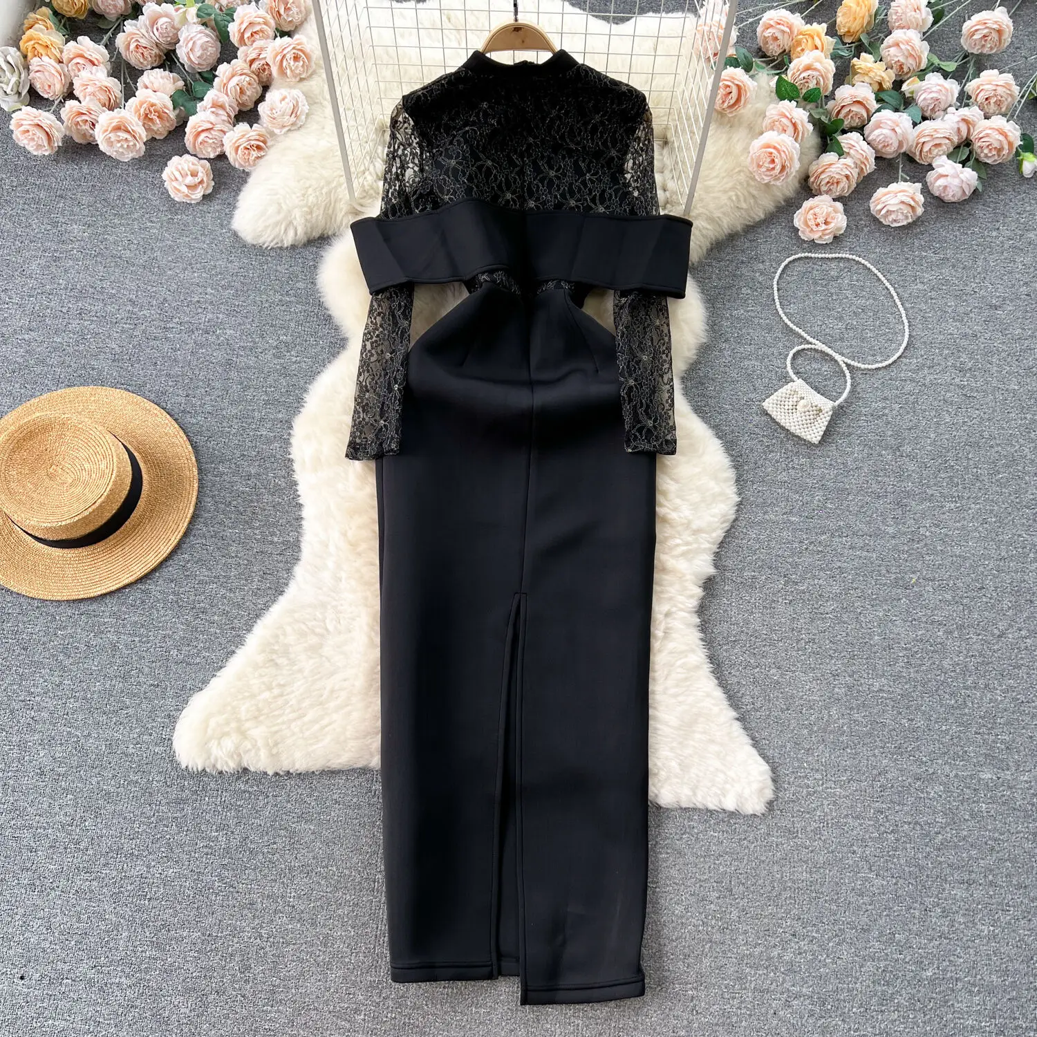 Fashion Elegant And Vintage Hepburn Style Long Evening Party Dress For Female Black Lace Patchwork With Waistband Slim Fit Dress