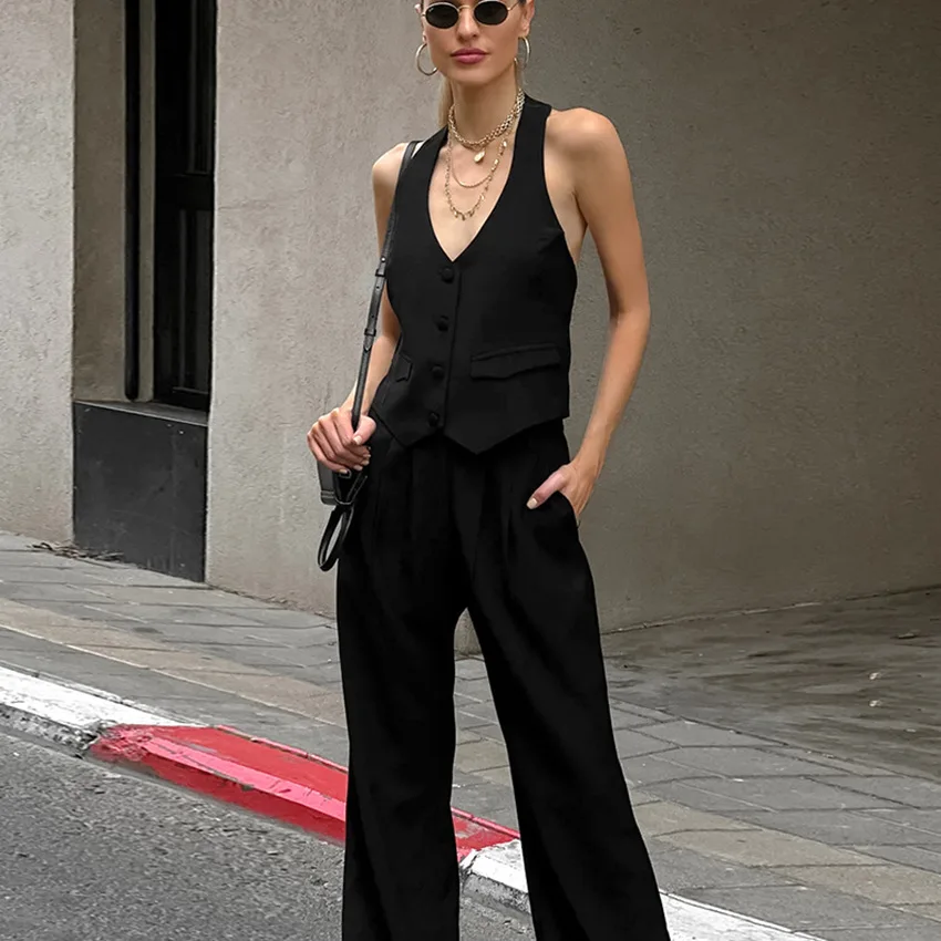 Women Clothing Vest High Waist Wide Leg Pants Temperament Two Piece Set 2024 Summer New High Grade V Neck Vest Fashion Suit