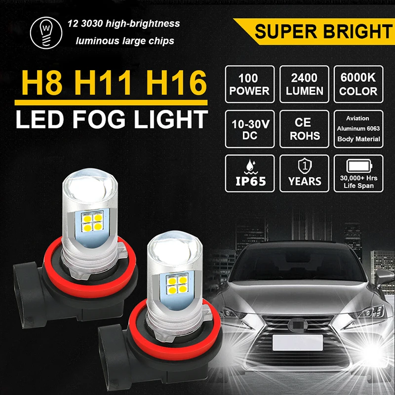 2Pcs H8 H9 H11 LED Fog Light Bulbs High Power 6000K White 12V For Mercedes Benz W203 W211 W204 W210 W124 AMG