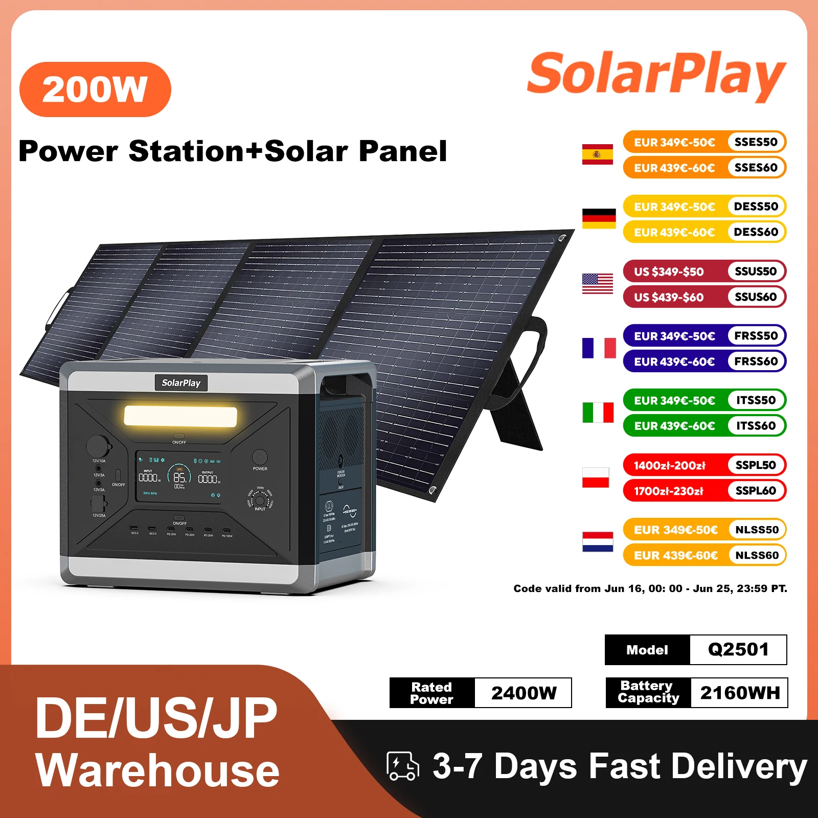 

SOLARPLAY 2400W Powerstation Q2501 Energy Storage Foldable 200W Solar Panels Complete House Kit Photovoltaic System Outdoor Home