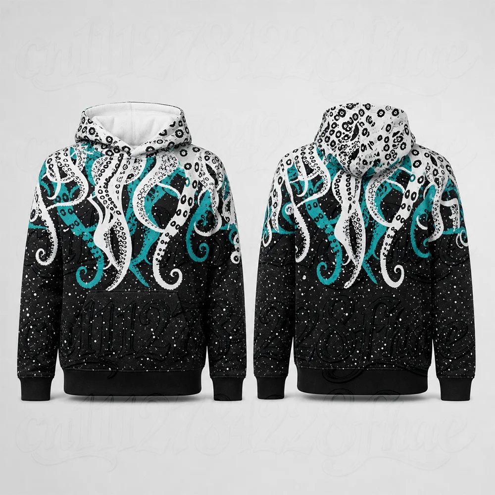 Vintage 3D Octopus Sea Monster Print Long Sleeve Hoodie Parent-Child Streetwear Harajuku Style Halloween Holiday Sweatshirt Tops