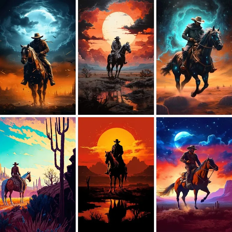 Full Drill Diamond Painting Cowboy Riding Towards Sunset Mosaic Rhinestones Embroidery Handmade Home Decor Cross Stitch Kits