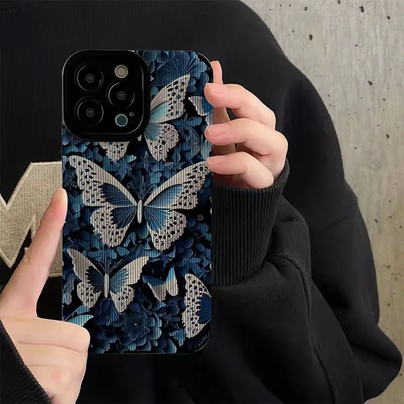 Fashion Retro Senior Blue Butterfly Phone Case For iPhone 11 12 13 14 15 Pro Max Mini X XR XS 7 8 Plus Shockproof Silicone Cover