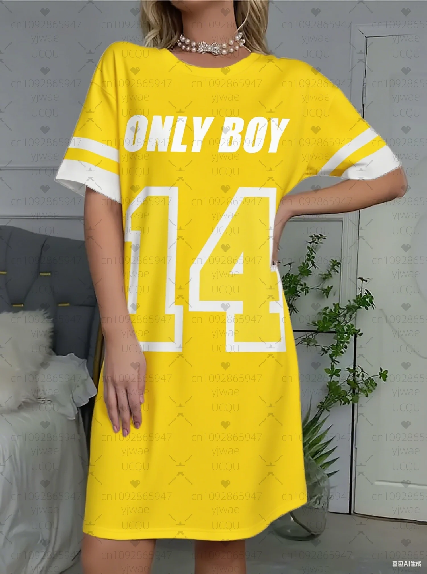 2025 Summer  Women T-Shirt Dress sleep ONLY BOY 14  printed O-Neck Lady Short Sleeve Pullover Dresses Women nightdress