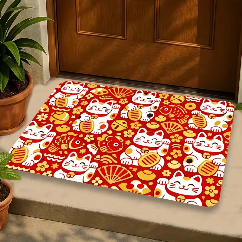 Red Lucky Maneki Neko Gold Fish Fortune Print Doormat Anti Slip Floor Mat Oriental Lucky Front Entrance Mat