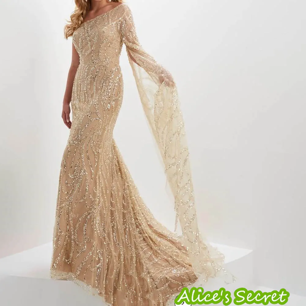 Trumpet Sexy Tulle Prom Evening Gown One Shoulder Long Flutter Sleeve Sequined High Slit Full Length Sweep Train