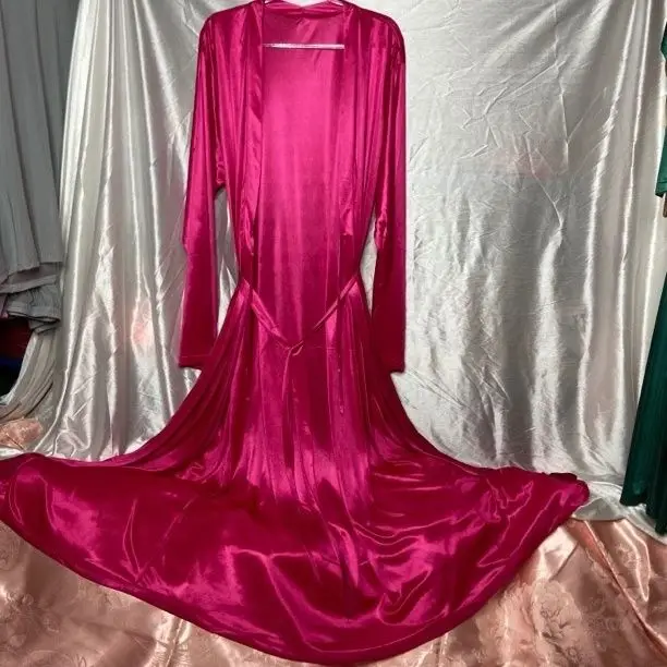 Glossy Sexy Women Satin Maxi Robe V Neck Long Sleeve Sashes Loose Long Dress Plus Size Sleeping Gown