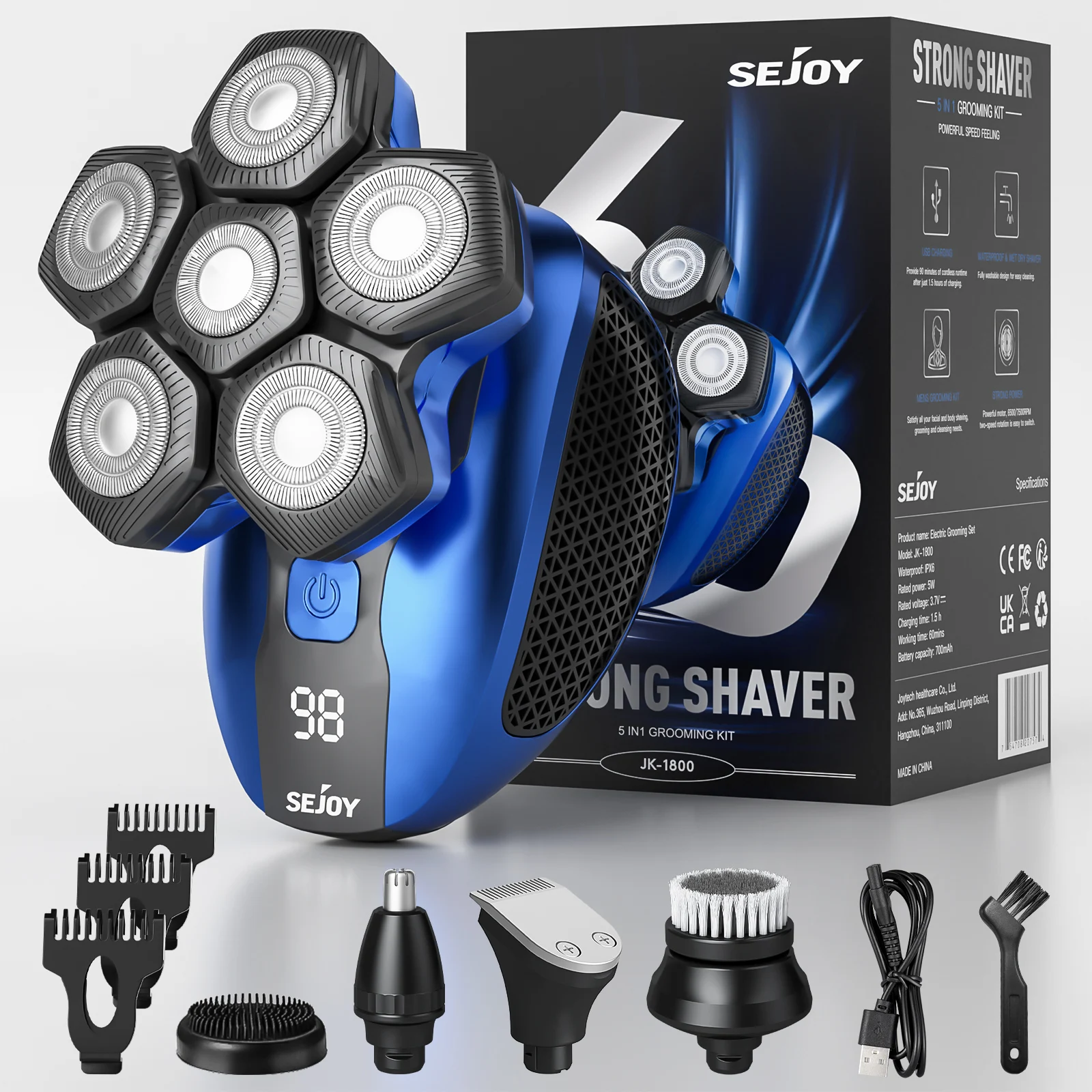 Sejoy JK-1800 Multifunctional Head Shavers for Bald Men 6 Floating Blade Rechargeable Nose Hair Trimmer Grooming Kit