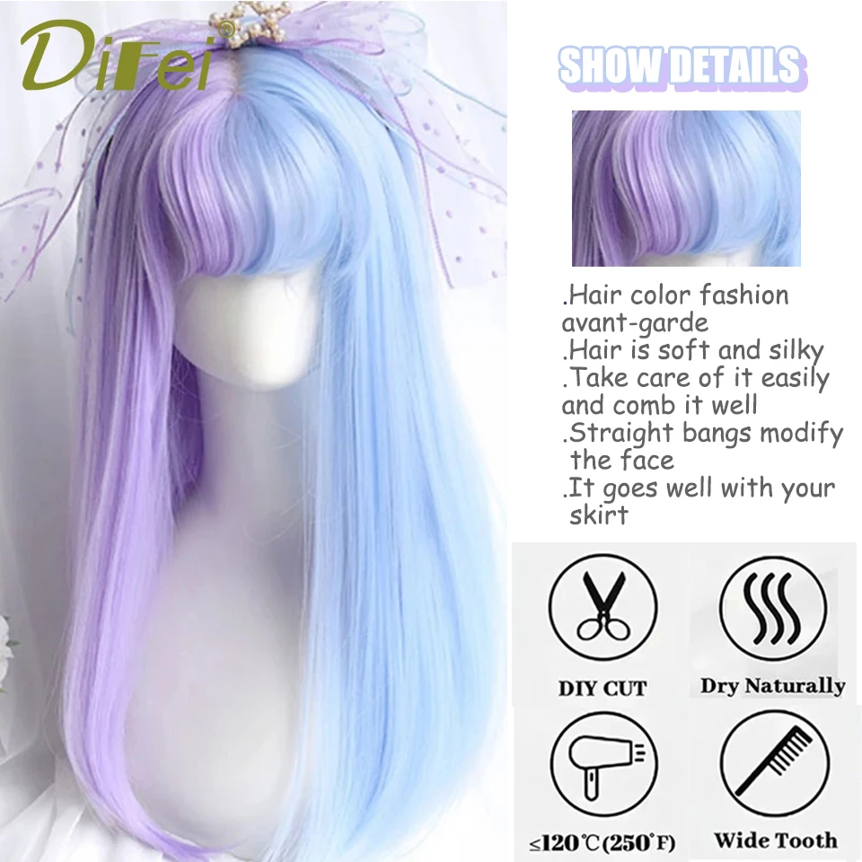 DIFEI Double-color Wig Headgear Synthetic Wig Female Double-color Lolita Straight Bangs Natural Chemical Fiber Wig Cos Headgear image 4