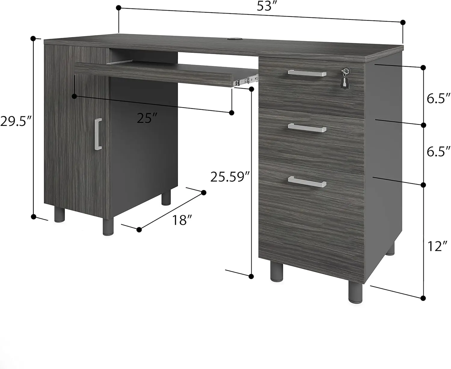 Venice Computer Desk - Office Desk with 3 Drawers & CPU Storage Cabinet - Laptop Workstation with Keyboard Tray & Cable Hole