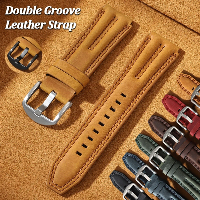 22mm Double Groove Vintage Leather Watch Strap Crazy Horse Cowhide Replacement Band for Omega for Seiko Upgrade Durable Bracelet