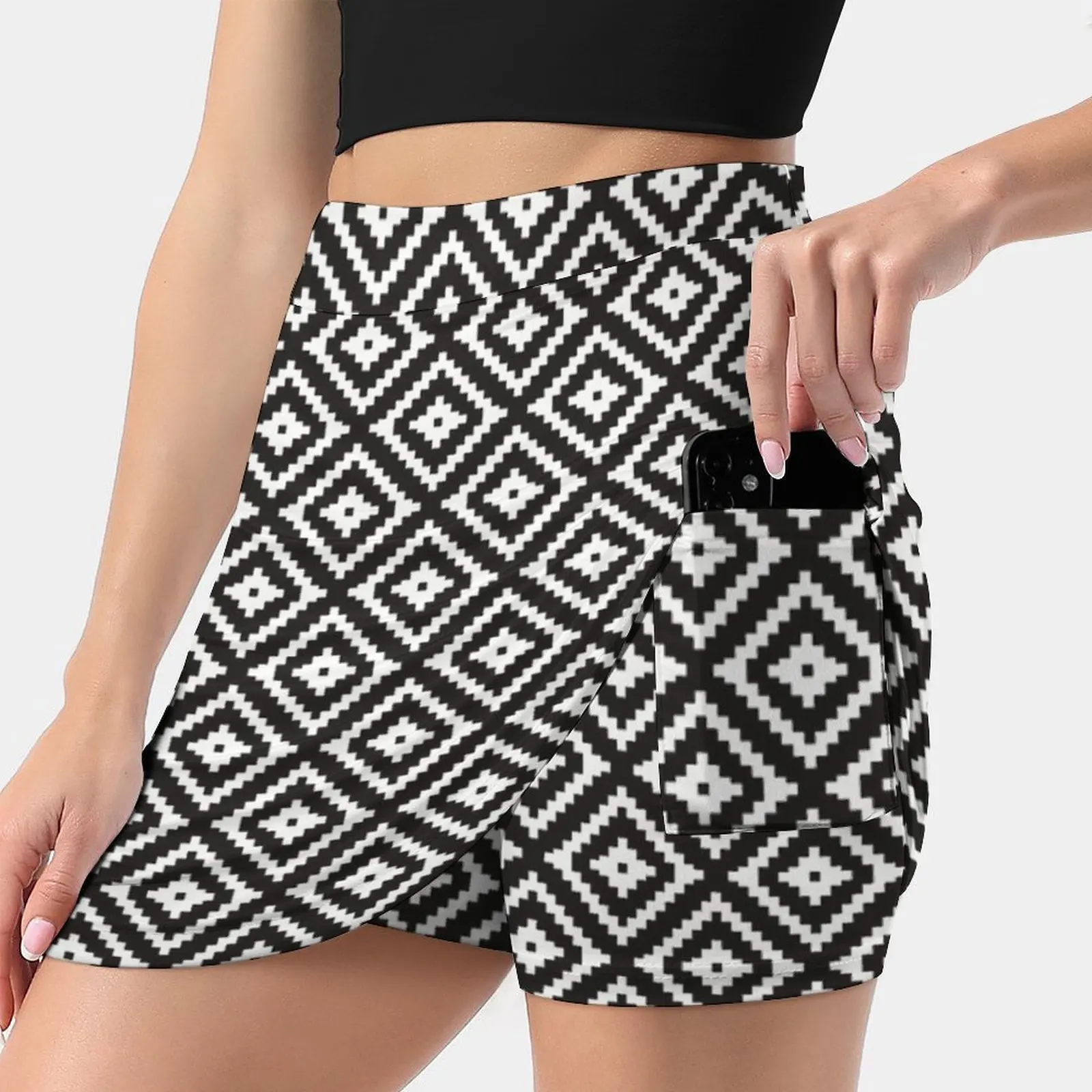 Aztec - White On Black New Women Skirts Double-Layer Printed Short Dress Mini Sport Skirt Little Arrow Little Arrow Design