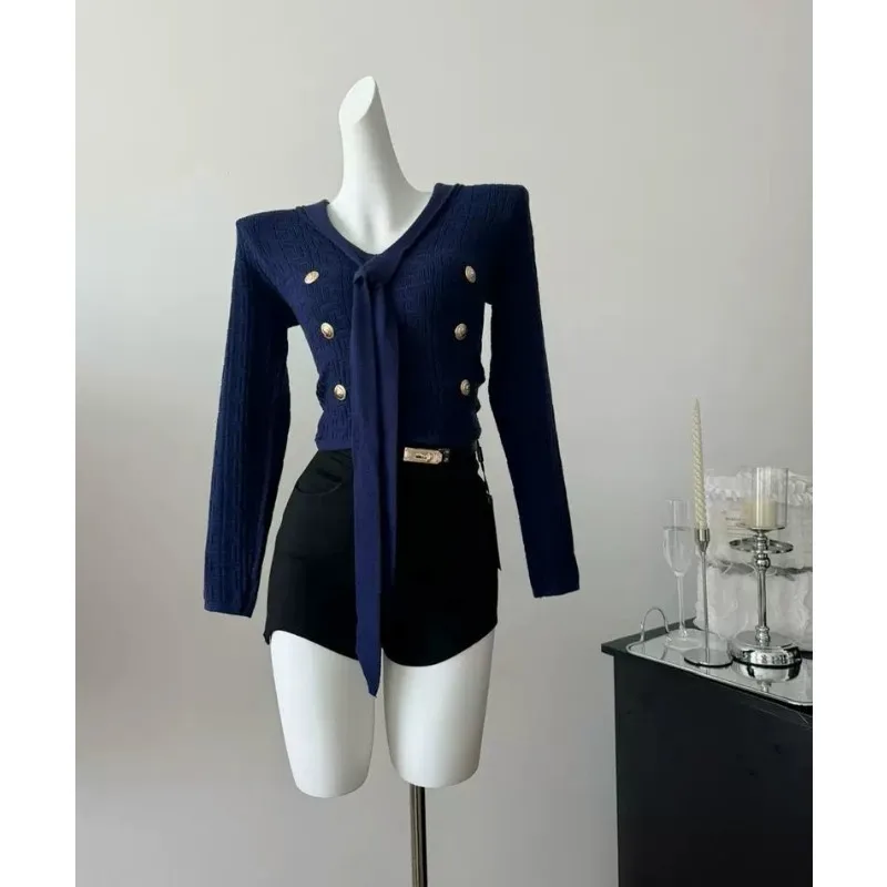 

Однотонный пуловер, вязаный тонкий женский топ с v-образным вырезом и длинными рукавами