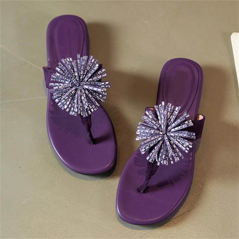 

Eilyken Summer Fashion Crystal Flower Tassel Clip Toe Women Slippers Elegant Square Low Heels Daily Dress Casual Shoes
