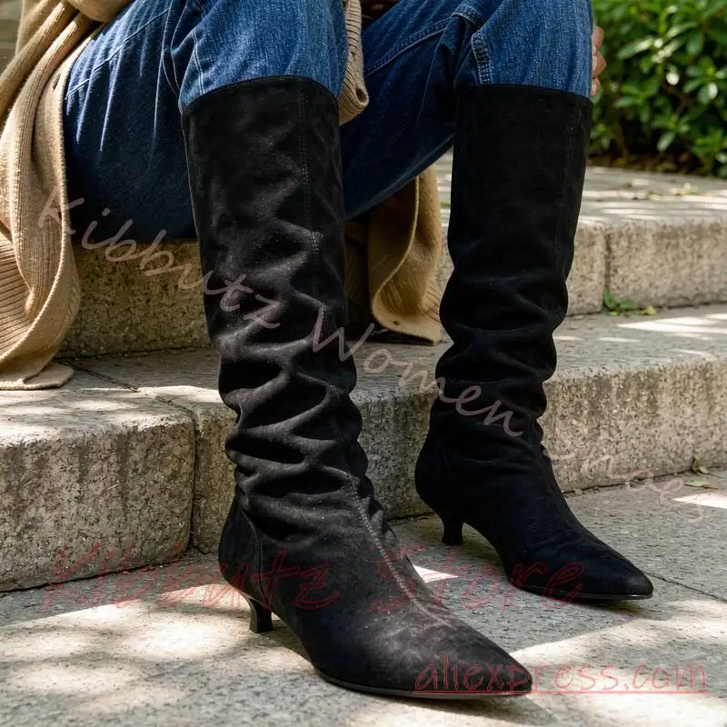 Slouch Knee High Boot Pointed Toe Low Kitten Heel Women Oversized Shaft Fashion Footwear Minimalist Daily Wear Shoes Solid Color