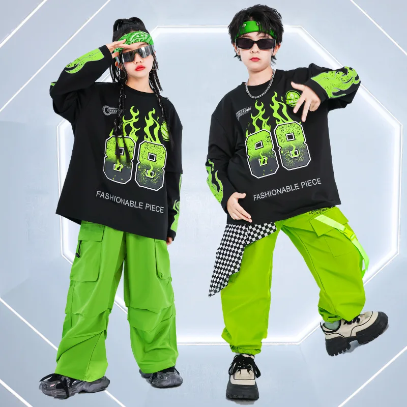 

Kid Hip Hop Clothing Black Print Sweatshirt Green Vest Casual Pleated Cargo Pants for Girl Boy Jazz Dance Costumes Clothes Set