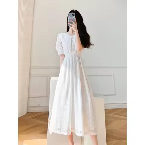 Korean Style Summer Women's Casual Lace Dress O Neck Short Sleeve White Black Long Dress Chic and Elegant Evening Party Dresses