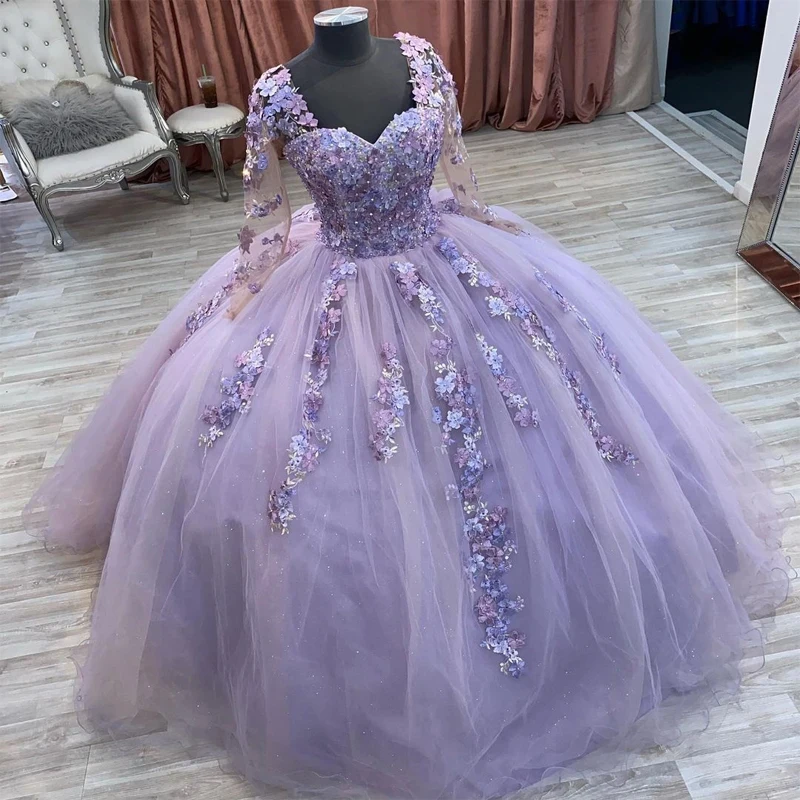 Angelsbridep-vestido de fiesta de cumpleaños de manga larga, vestido de baile de tul de lavanda para niñas de 15 años, vestidos de quinceañera con apliques