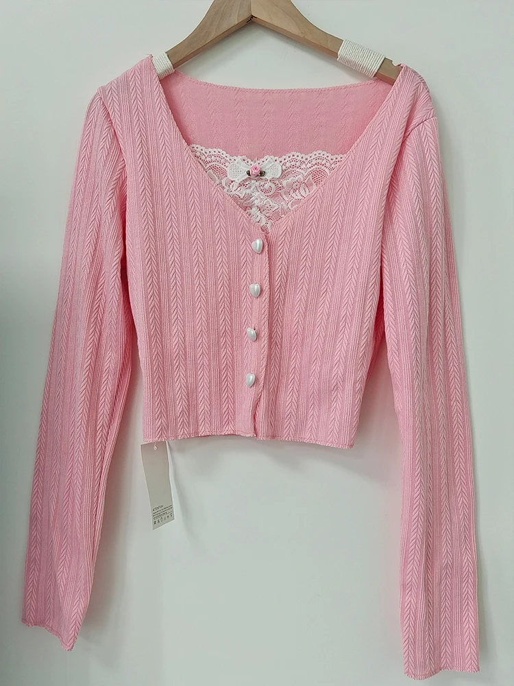 Korean Fashion Crop Top Women Spring Long Sleeve Knitted T-Shirt Ulzzang Sweet Cute Pink Lace Patchwork Slim Y2K Aesthetic Tees