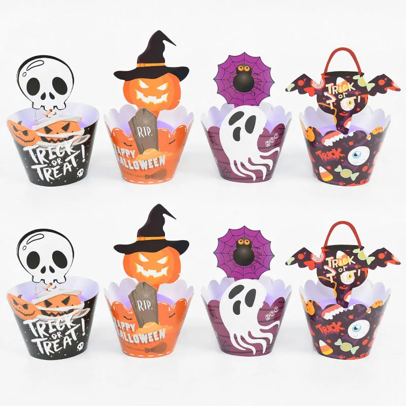 24/32 Pieces Halloween Cupcake Wrappers Pumpkin Spiderweb Bat Toppers Cupcake Kit for Halloween Party Cake Decoration Baking Cup