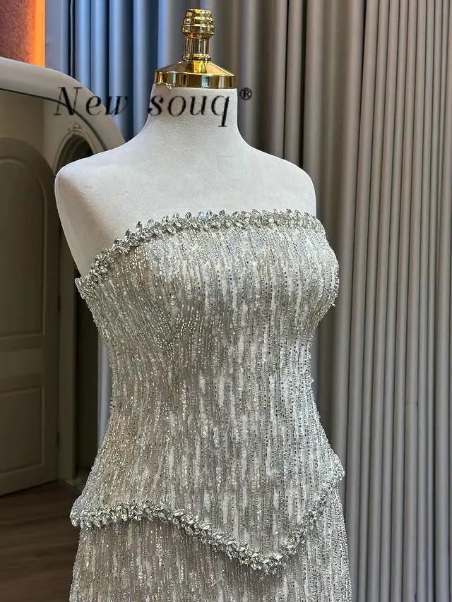 

Glitter Silver Beaded Sequined Strapless Evening Dresses with Crystals Customized Long Straight Wedding Party Gowns Elegant